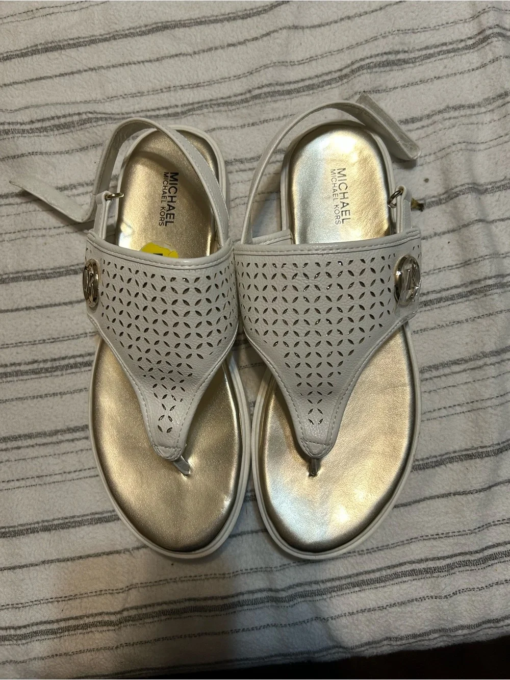 Michael Kors White Perforated Thong Sandals with Gold Accents